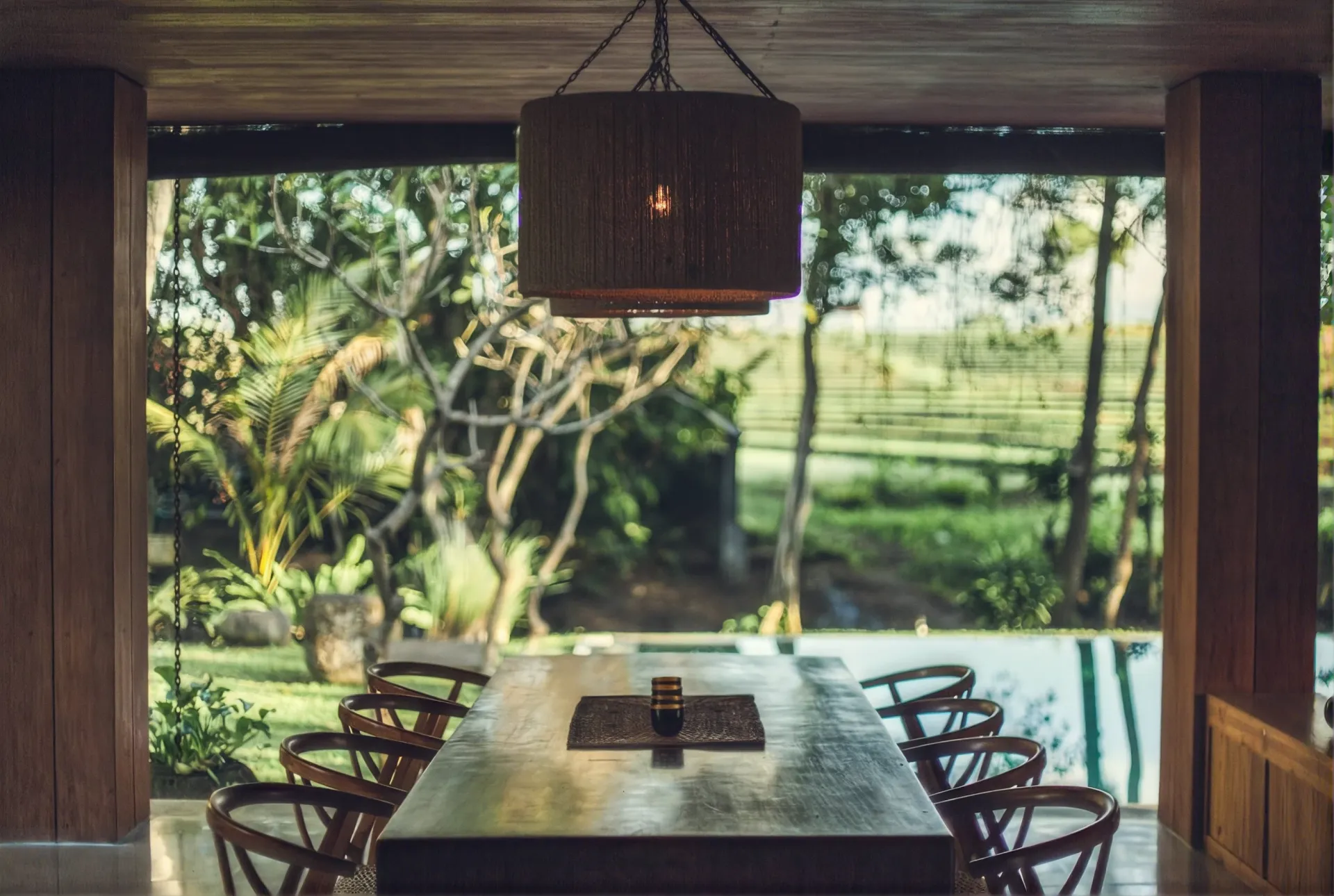 Outdoor dining table with the rice fields beyond