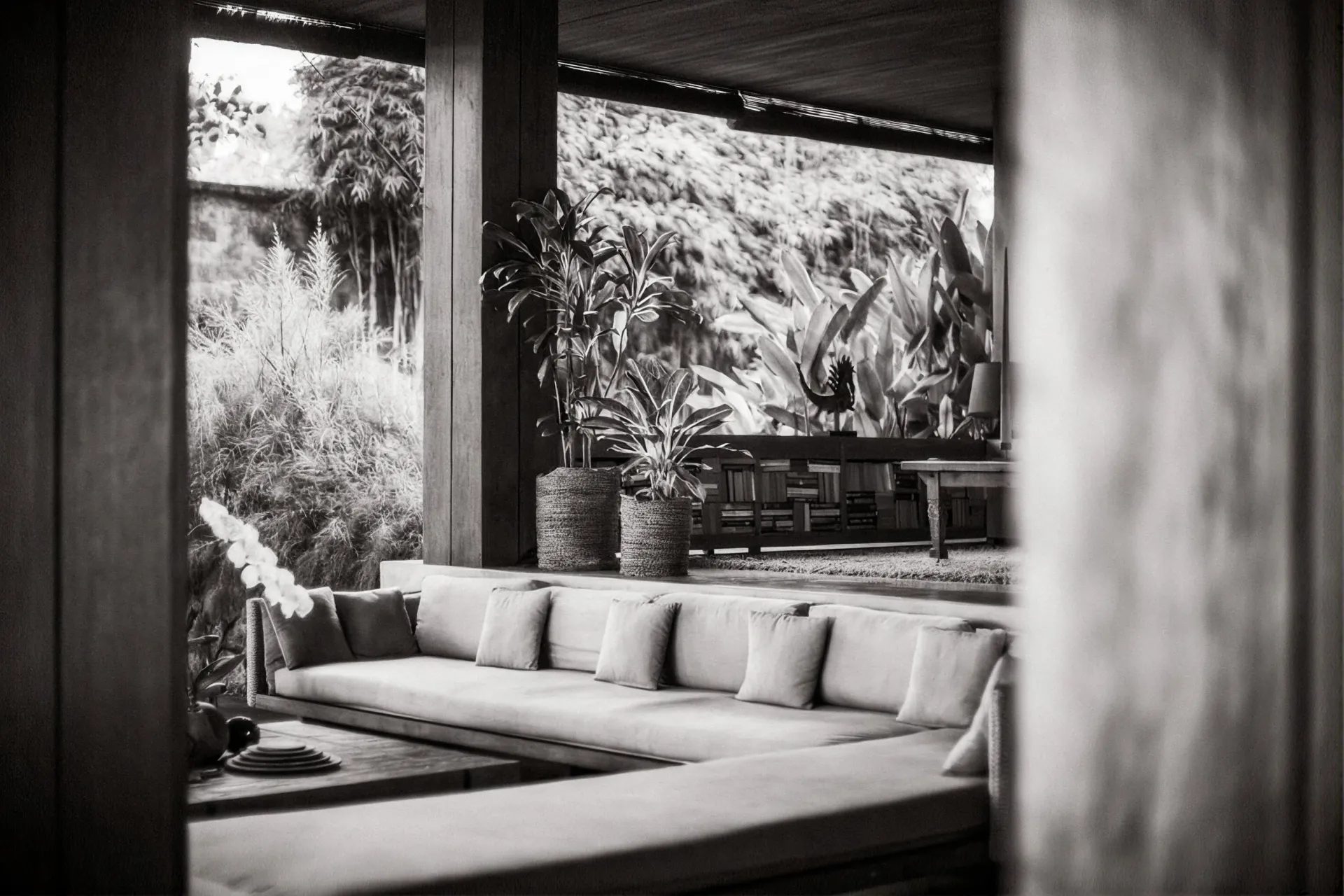Long sofa in the open living pavilion