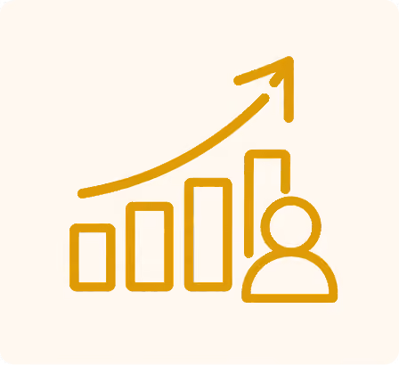 Icon of a bar chart with an upward arrow and a person silhouette in front.