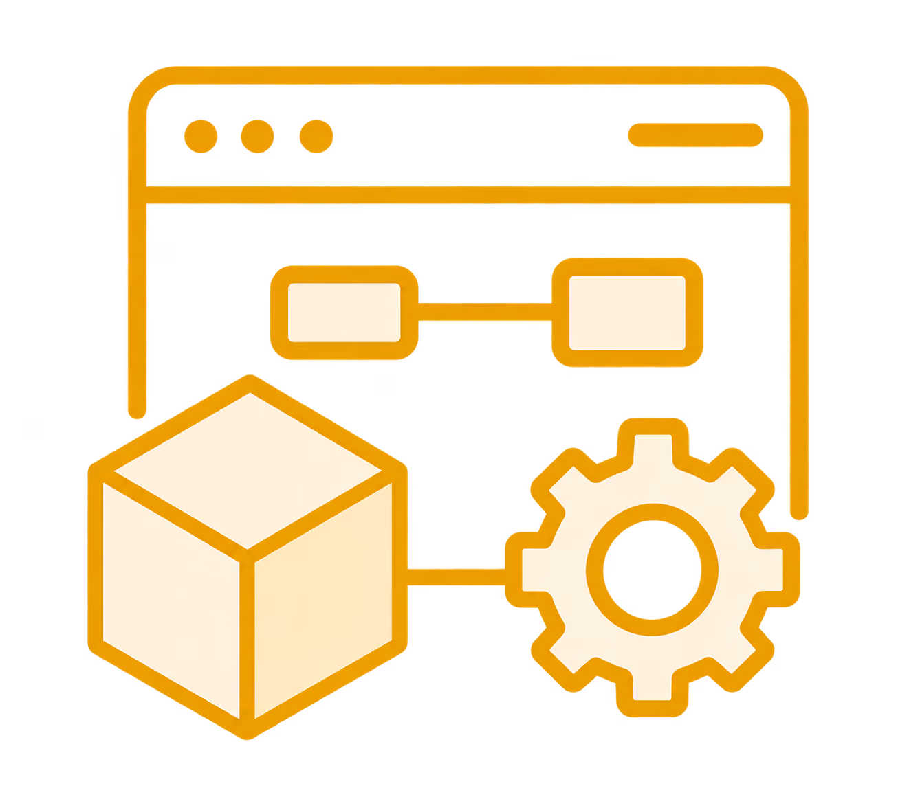 Web interface with icons of a cube and a gear connected by lines, symbolizing system or software setup.