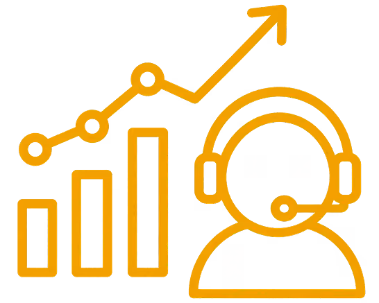 Icon of a headset-wearing support person next to a rising bar and line graph.