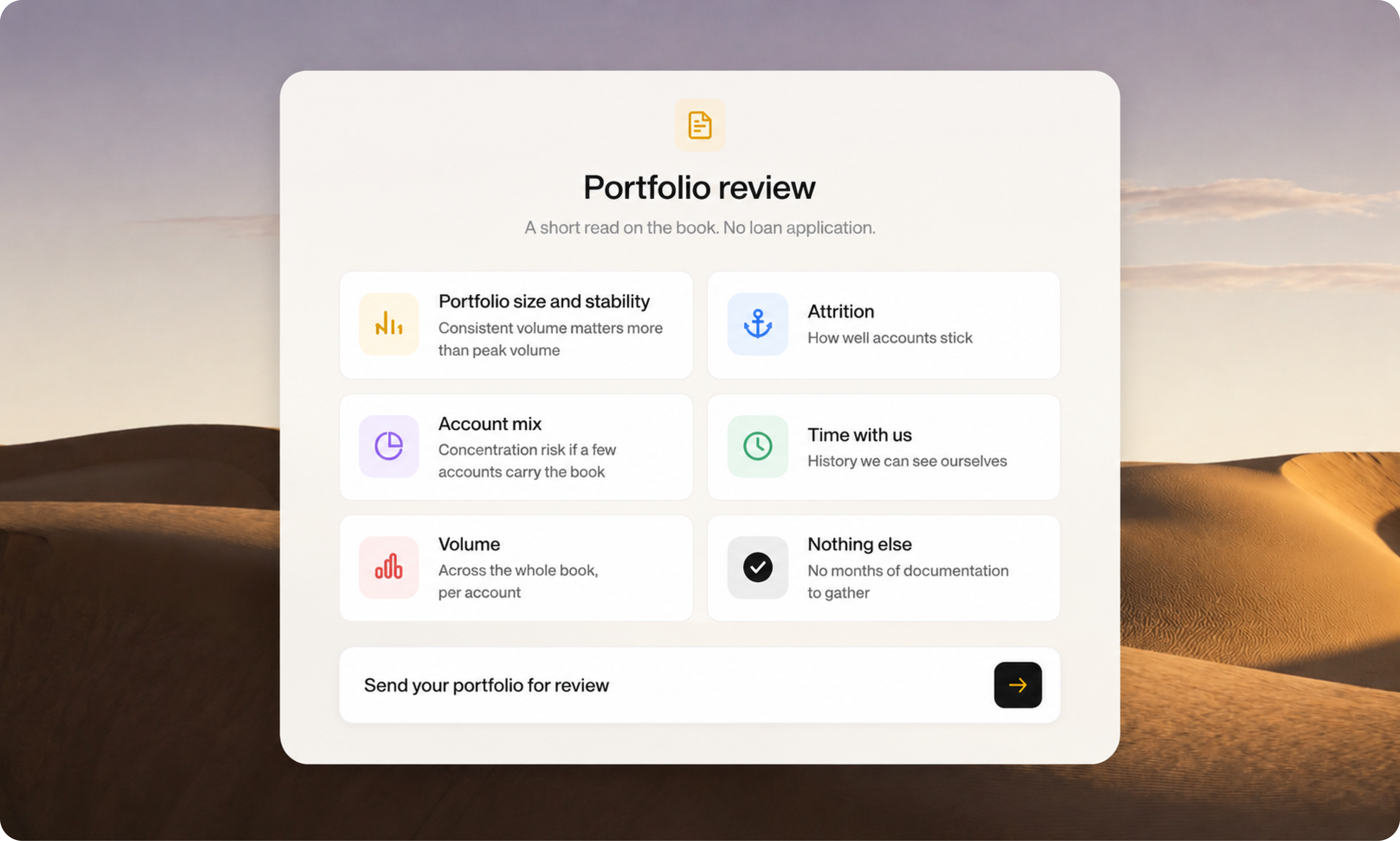 Portfolio review interface with key factors: size, attrition, account mix, time, volume, and no extra documentation needed.