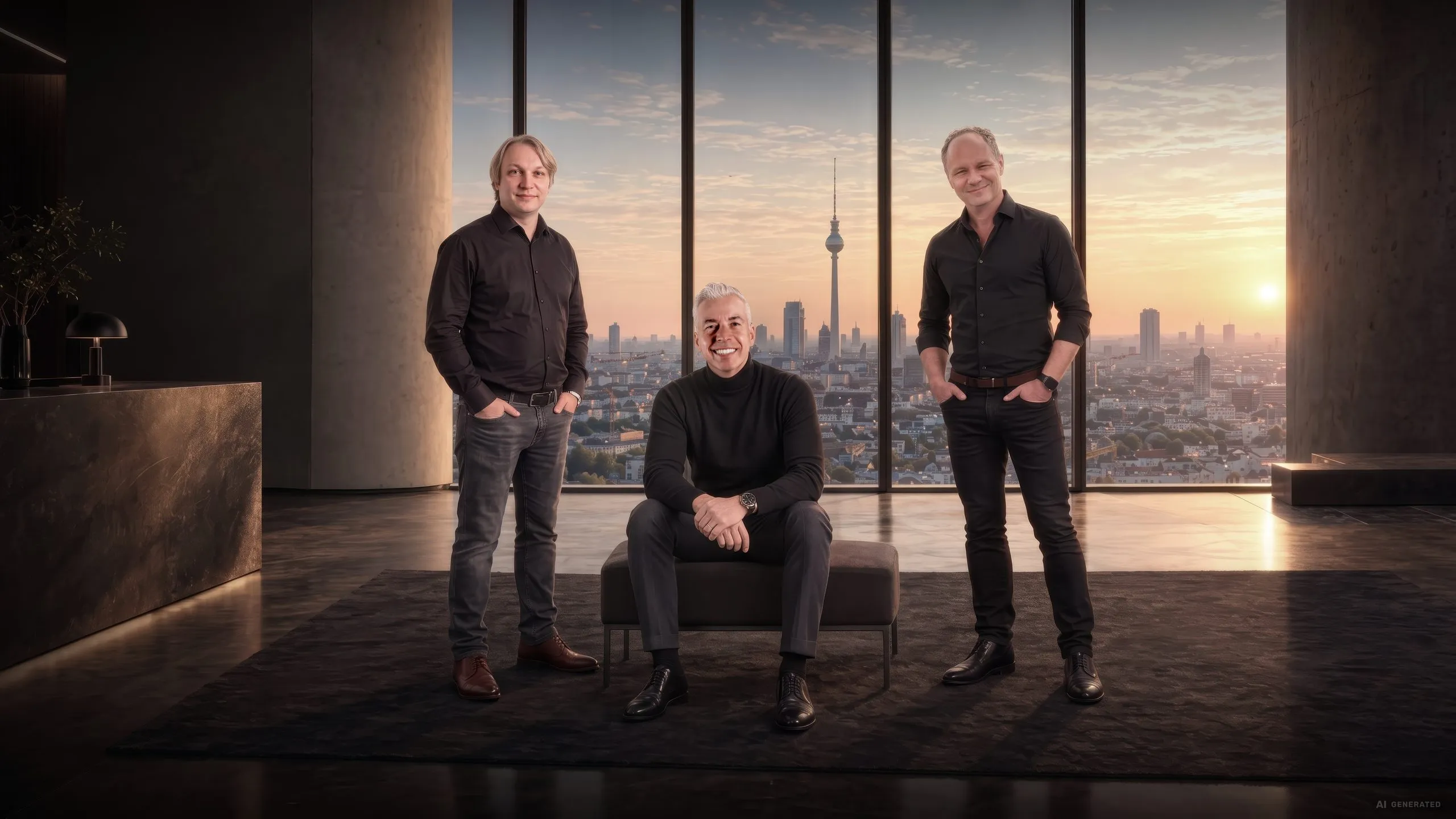 Wolfram Gürlich, Ralf Mühlenhöver und Roman Molch, die drei Gründer von SVNTN, im Büro vor der Berliner Skyline