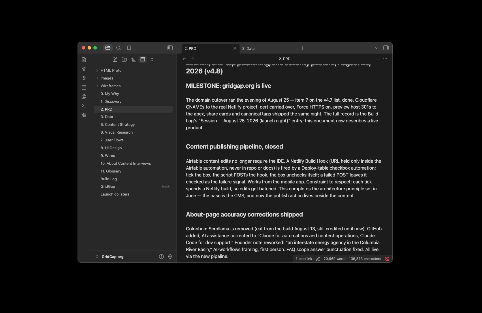 Obsidian vault for GridGap, open to the PRD note: numbered project folders in the sidebar and a milestone entry for the August 25, 2026 launch