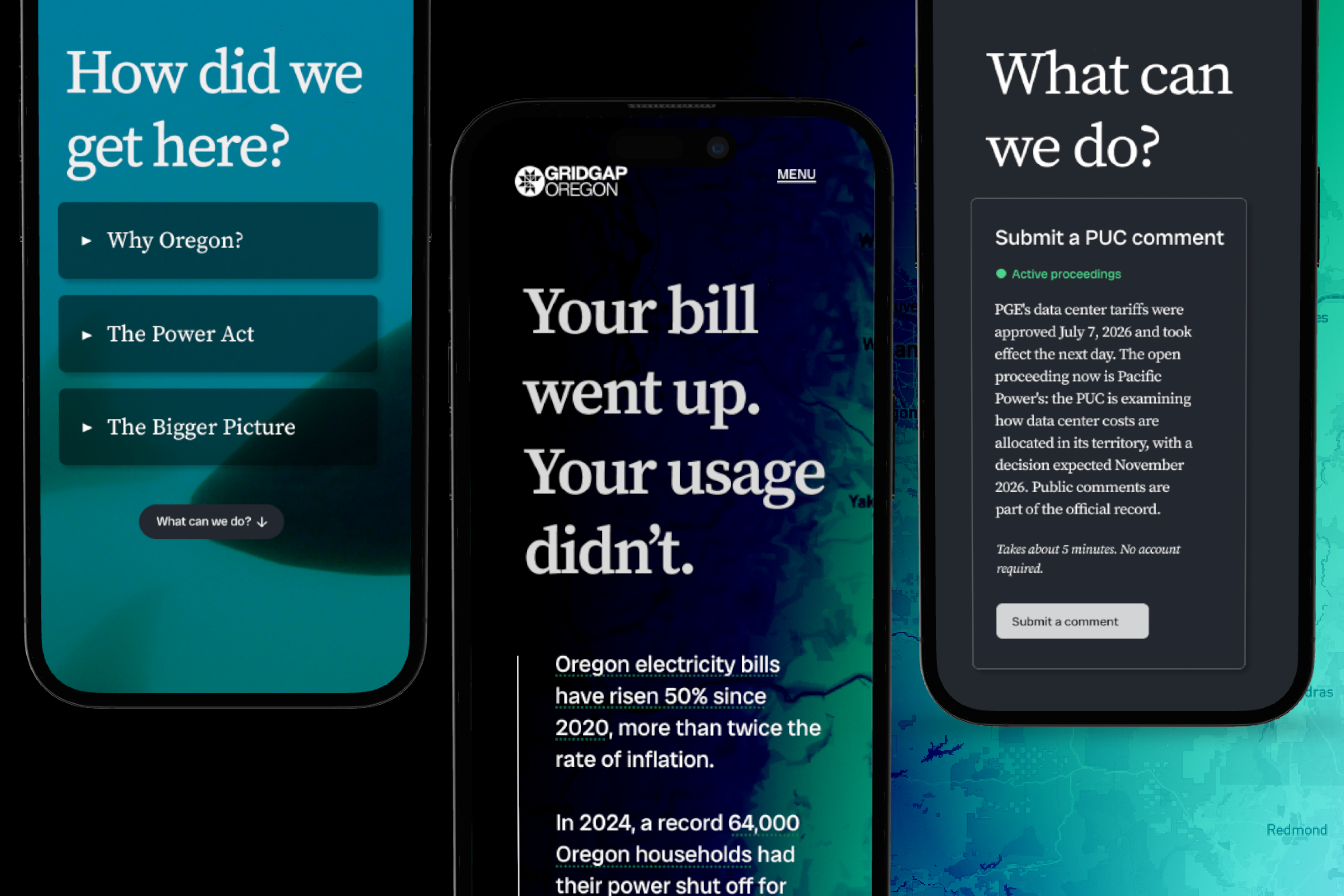 Three phones showing GridGap screens: the context menu (How did we get here?), the splash headline (Your bill went up. Your usage didn’t.), and an action card for submitting a PUC comment