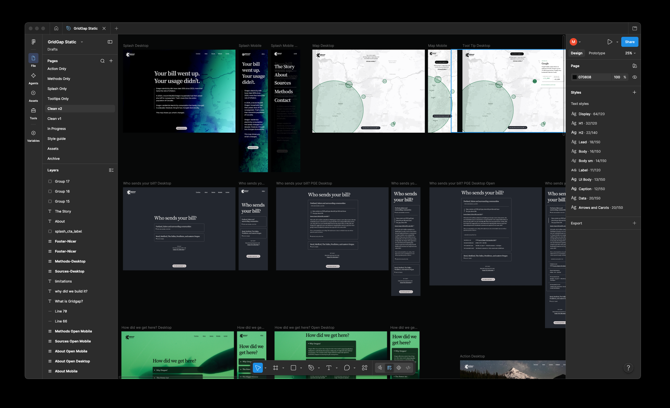 Figma design file for GridGap: rows of high-fidelity frames for the splash, map, and utility sections at desktop and mobile widths, with the layers panel open on the left