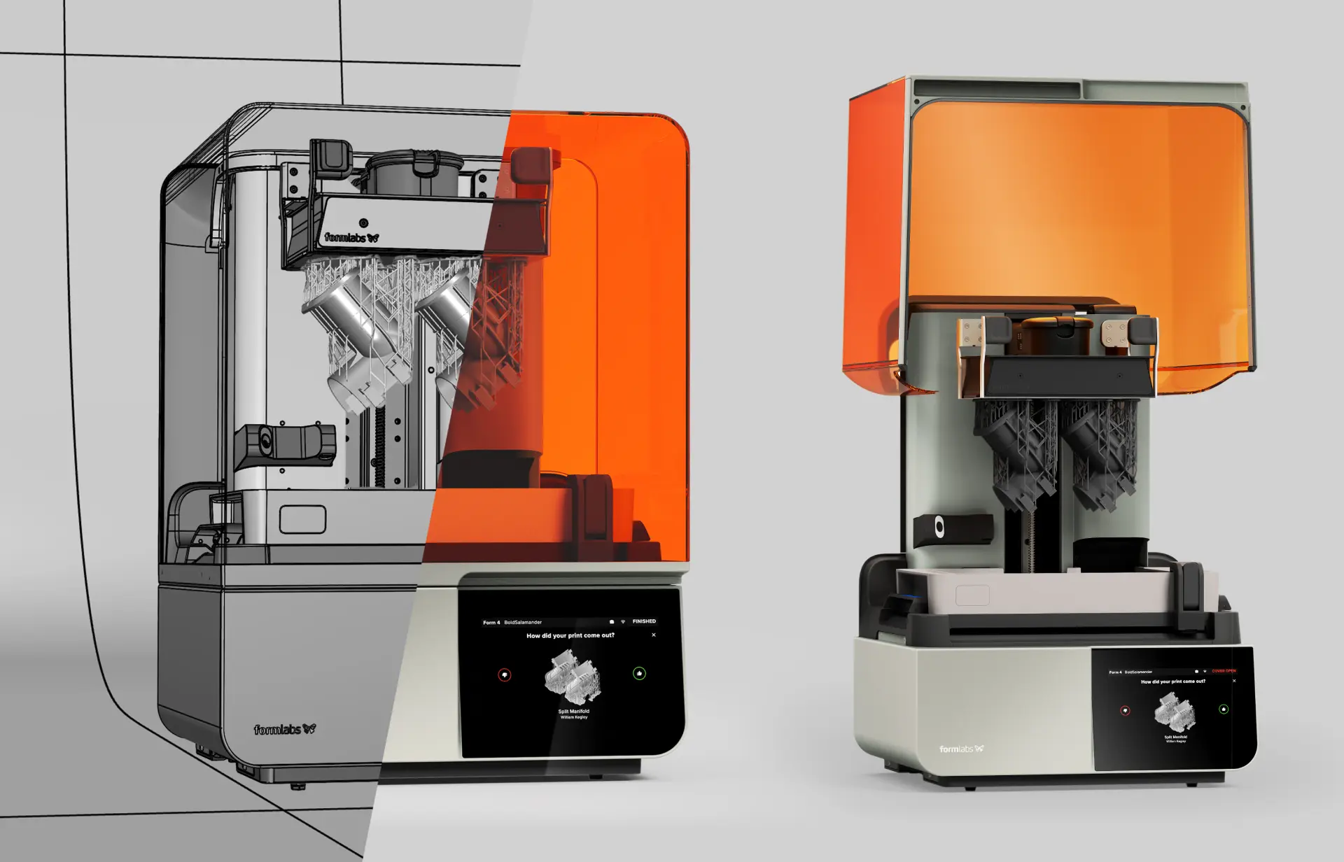 Side-by-side image of a Formlabs Form 4 3D printer, with the left half showing a wireframe digital design and the right half showing the real printer with an orange protective cover and two resin models being printed.