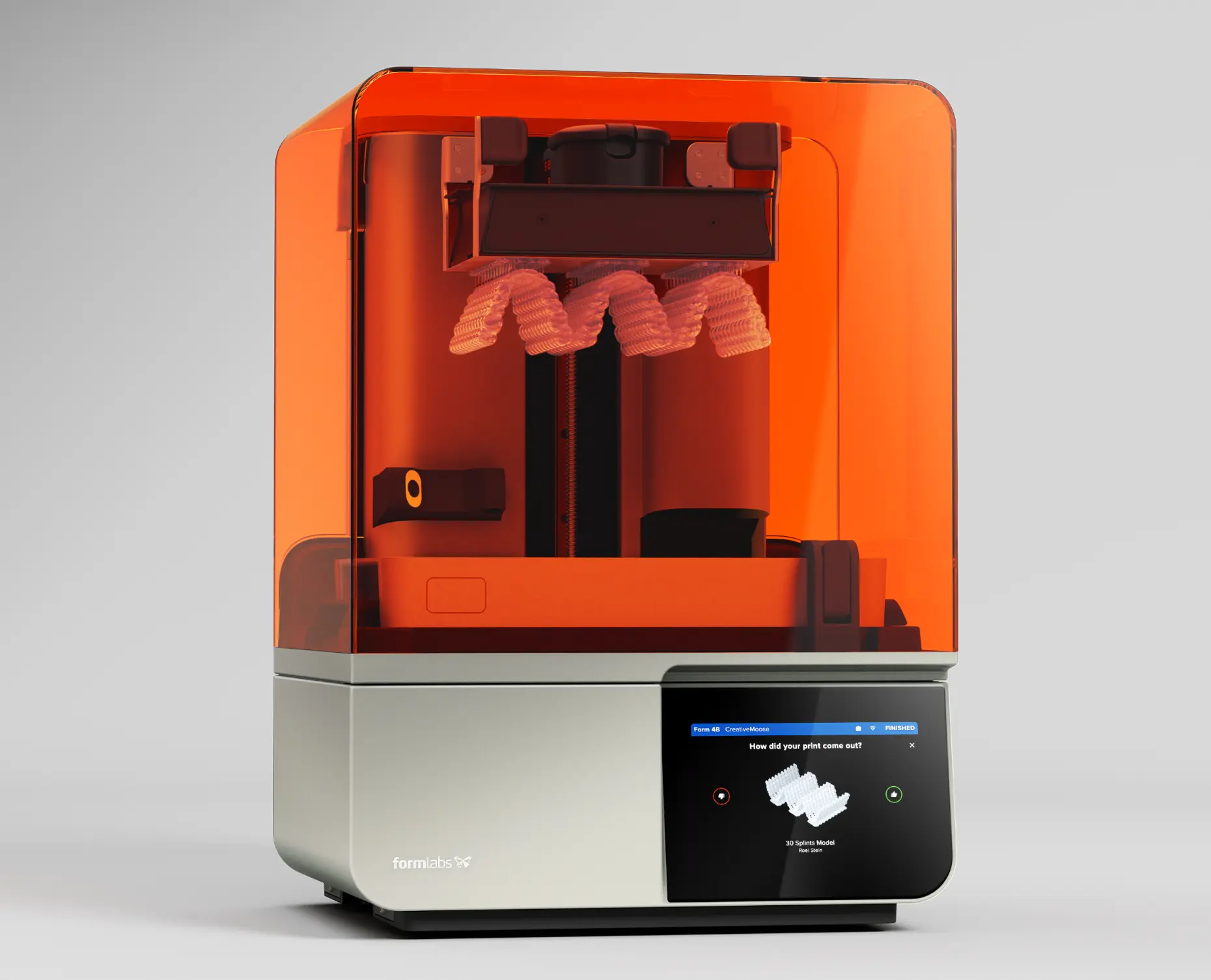 Formlabs 3D printer with an orange translucent cover showing a white 3D printed wavy object inside and a touchscreen displaying a print quality feedback prompt.