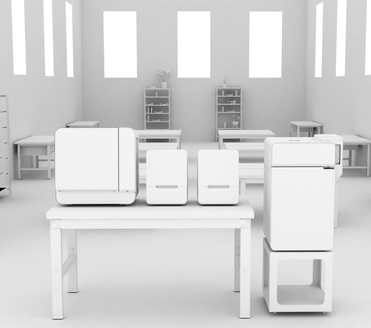 White 3D-rendered laboratory with four modern white 3D printers on a table and a stand, surrounded by white desks, shelves, and windows.