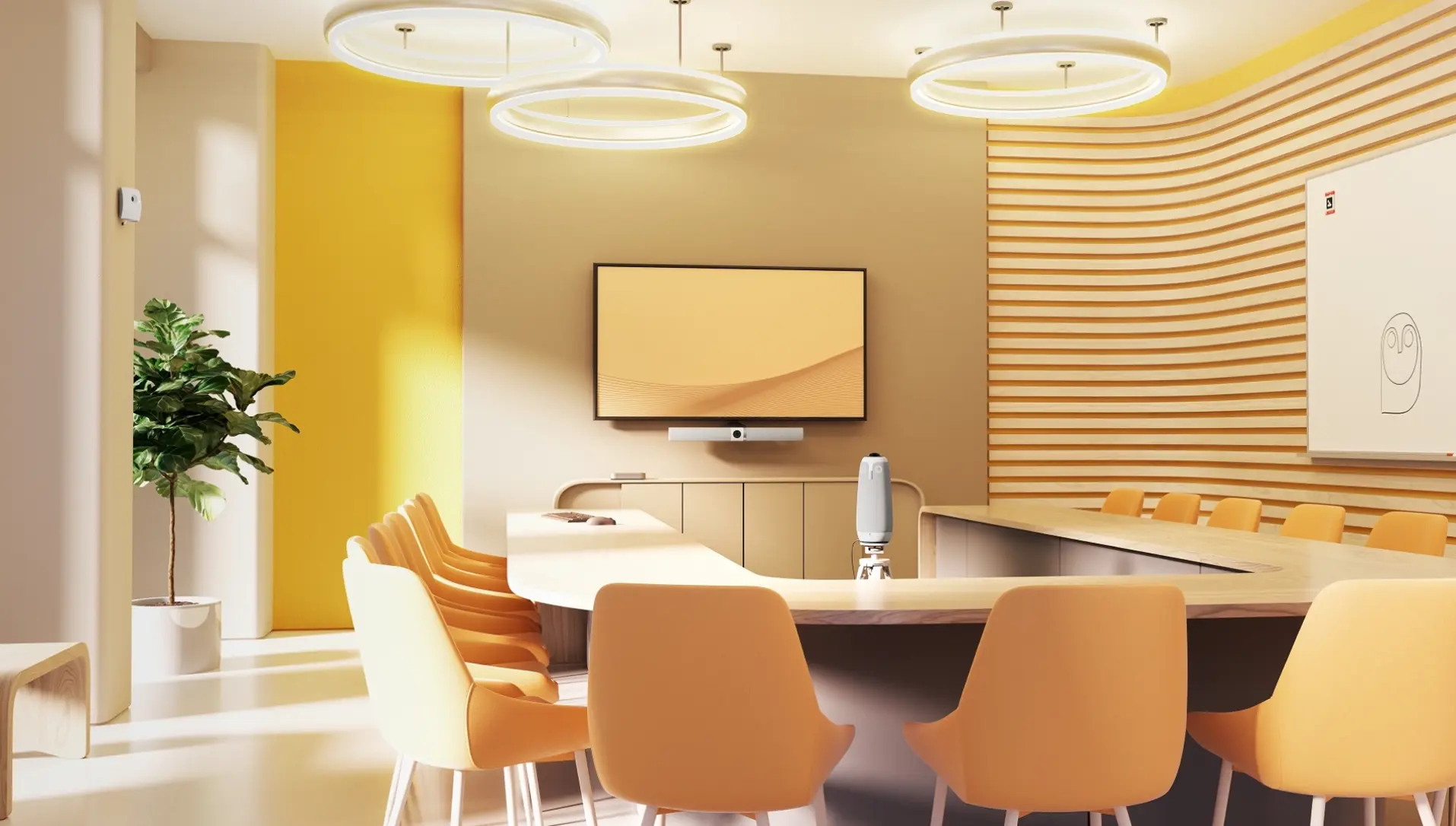 Bright modern conference room with orange chairs around a U-shaped wooden table, a large screen on the beige wall, circular ceiling lights, yellow accent wall, a potted plant, and a whiteboard with a simple drawing.