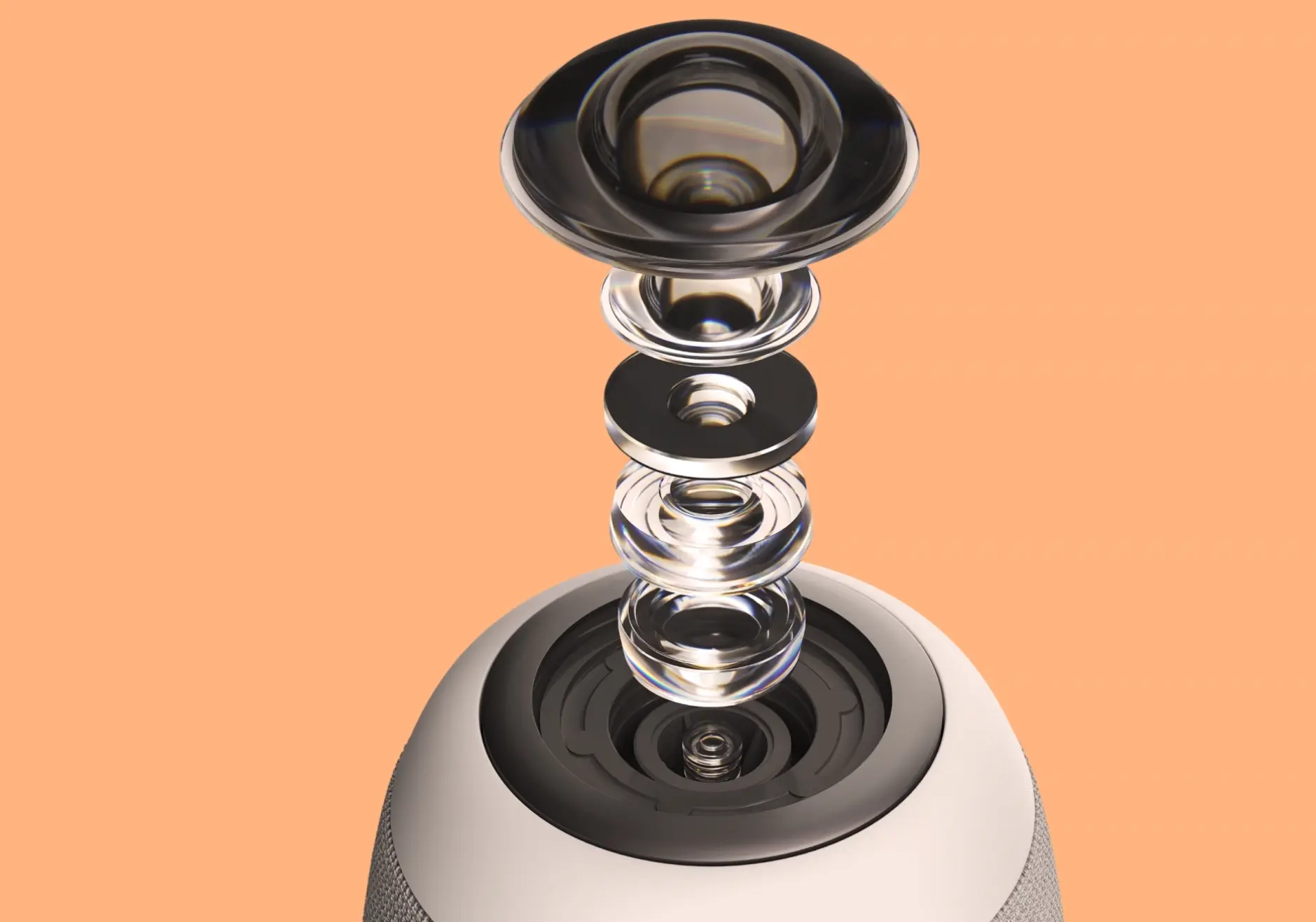 Close-up of a camera lens assembly showing multiple transparent lens elements aligned vertically above a camera module in a device with a fabric exterior and light-colored top against an orange background.
