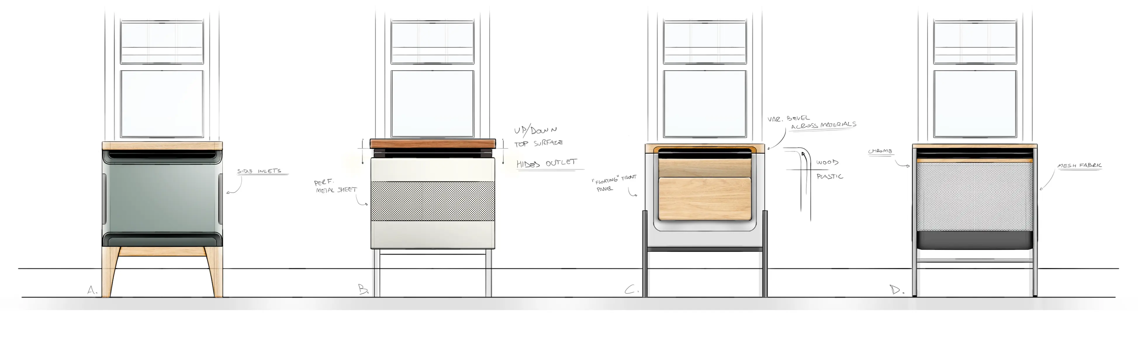 Four side-by-side design sketches of a modern rectangular radiator or heater under a window, showing different materials and panel configurations including wood, metal, plastic, mesh fabric, and perforated metal sheet, with annotations for design features like side inlets, hidden outlet, floating front panel, and bevels across materials.