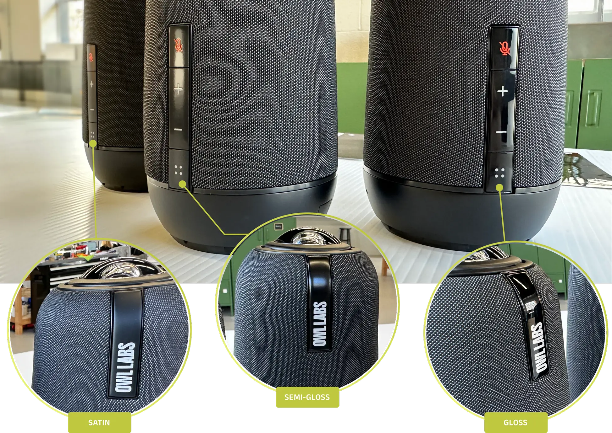 Three black cylindrical speakers with mesh fabric and control panels showing mute buttons, volume plus and minus buttons, and status LEDs. Below each speaker, zoomed circles highlight different finish types on the speakers labeled Satin, Semi-Gloss, and Gloss, each displaying the OWL LABS logo on a vertical black strip.
