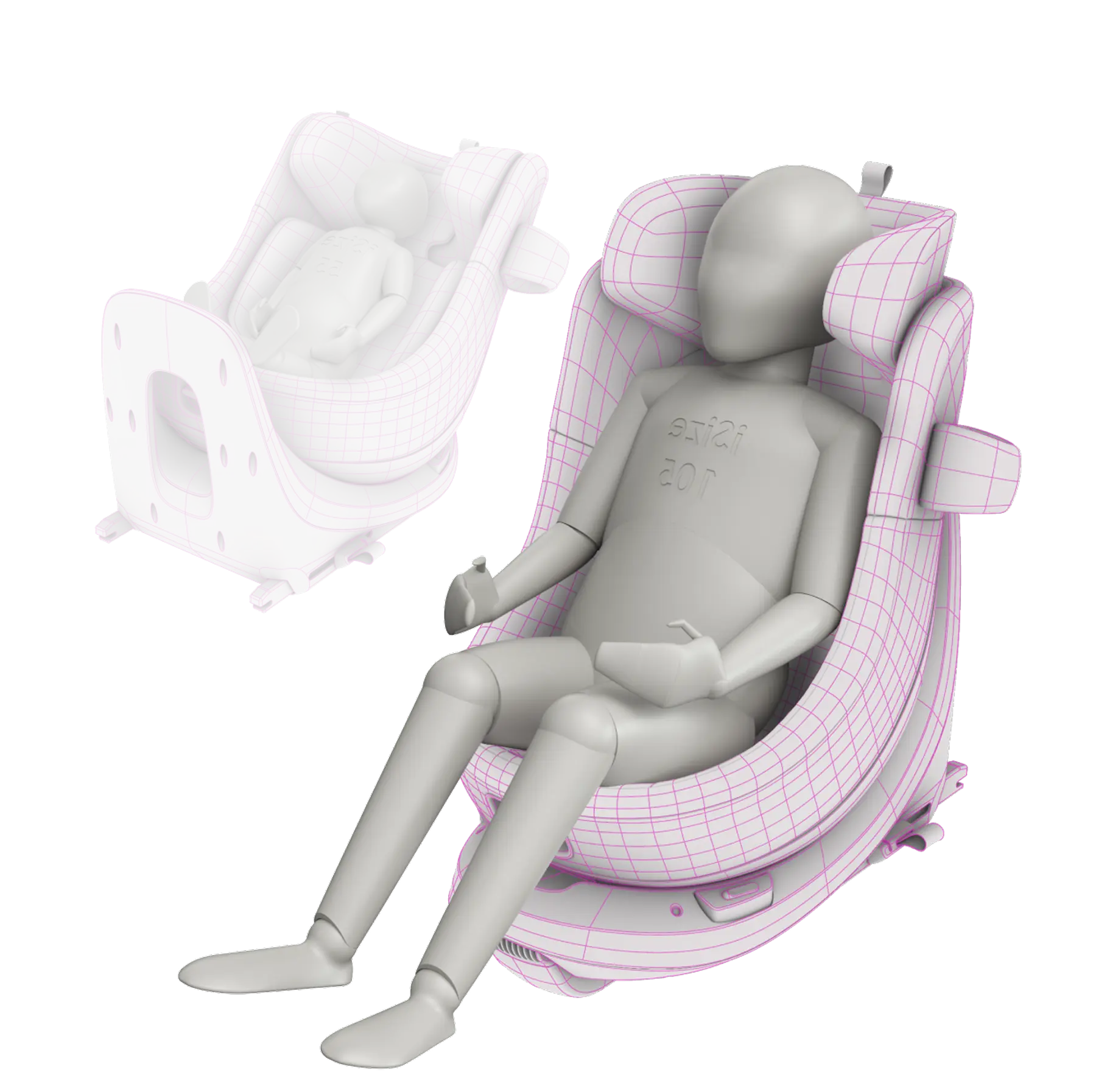 3D wireframe model showing two child-sized safety seats with simplified human figures seated; one seat is reclined with a smaller figure, the other upright with a larger figure, highlighting seat designs and posture support.