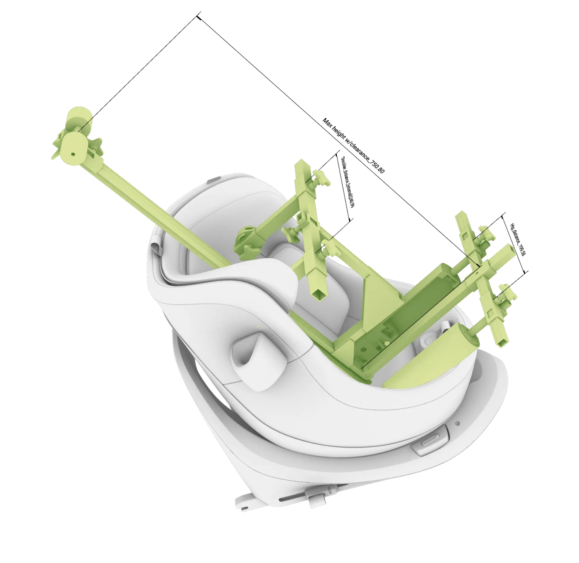 Diagram of a white car seat with internal green structural support framework shown inside.