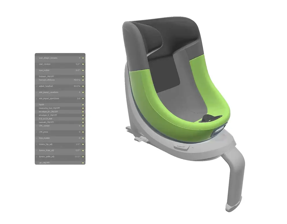 3D rendered model of a child car seat with a green and black padded cover on a gray base featuring an extended stabilizing leg, shown with a settings panel on the left side listing adjustable parameters such as seat rotation, recline, footrest, and headrest angles.