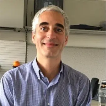 Smiling man with short gray hair wearing a blue checkered button-up shirt sitting indoors with shelves and office items in the background.