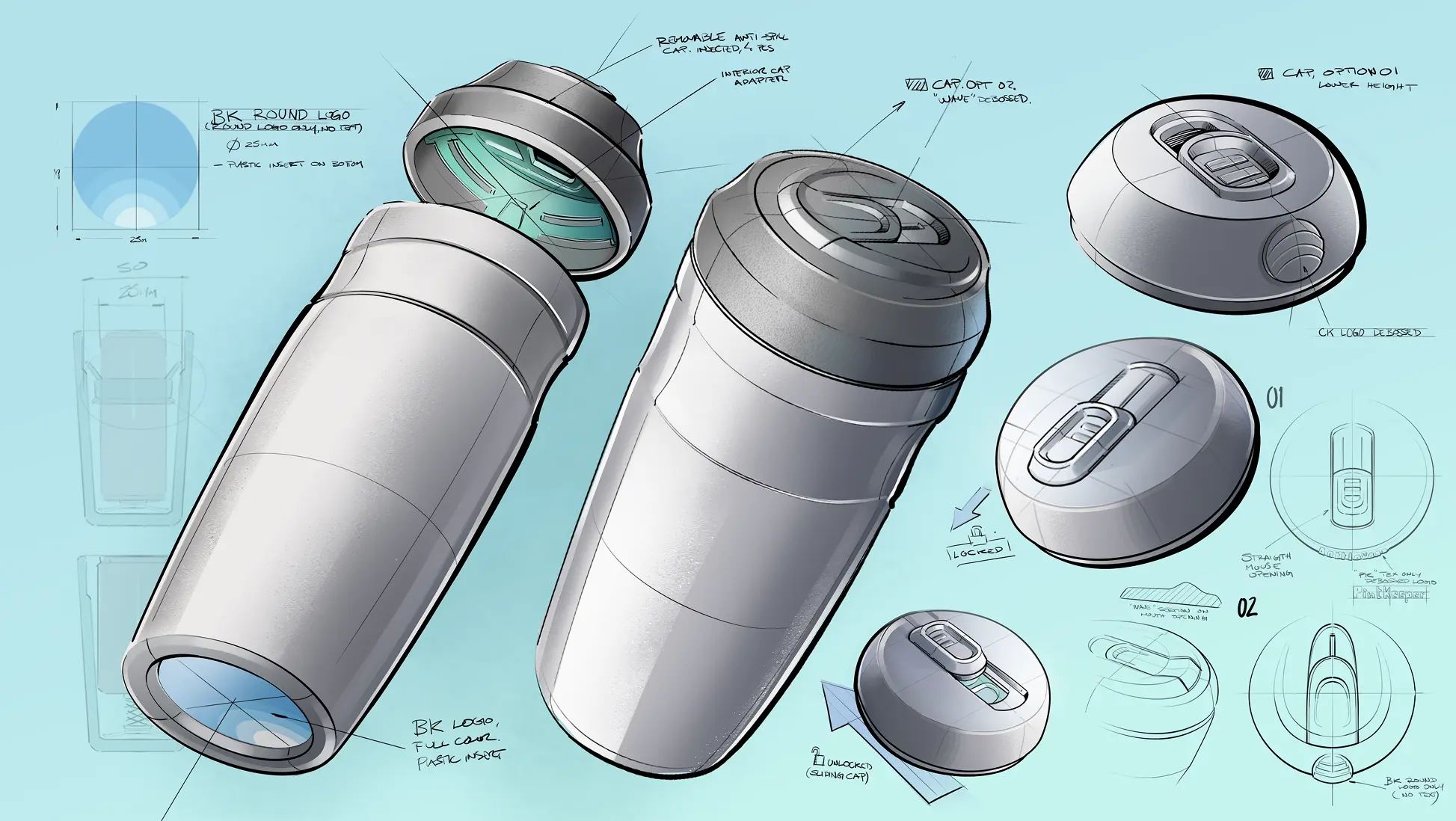 Concept sketches of a cylindrical anti-spill car cup adapter with removable lid showing internal and external views, including alternate top designs with locking mechanisms and embossed logos.