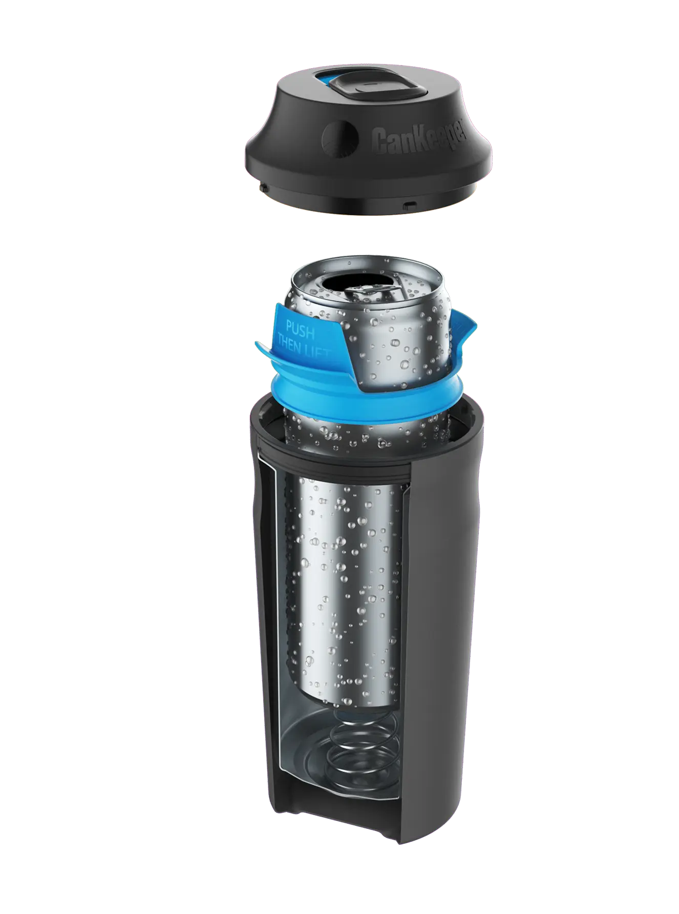 Cross-sectional view of a black insulated can cooler with a spring at the bottom and a wet soda can secured inside, topped with a detached black lid.
