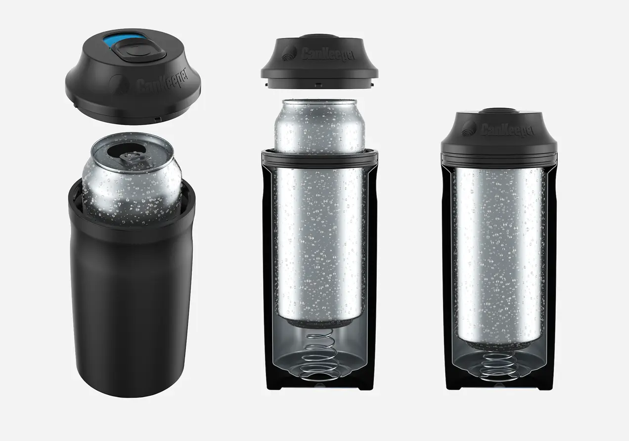 Three views of a black insulated CanKeeper drink holder with its lid and a can inside, showing how the can fits snugly inside with a spring mechanism at the bottom to keep it secure and insulated.