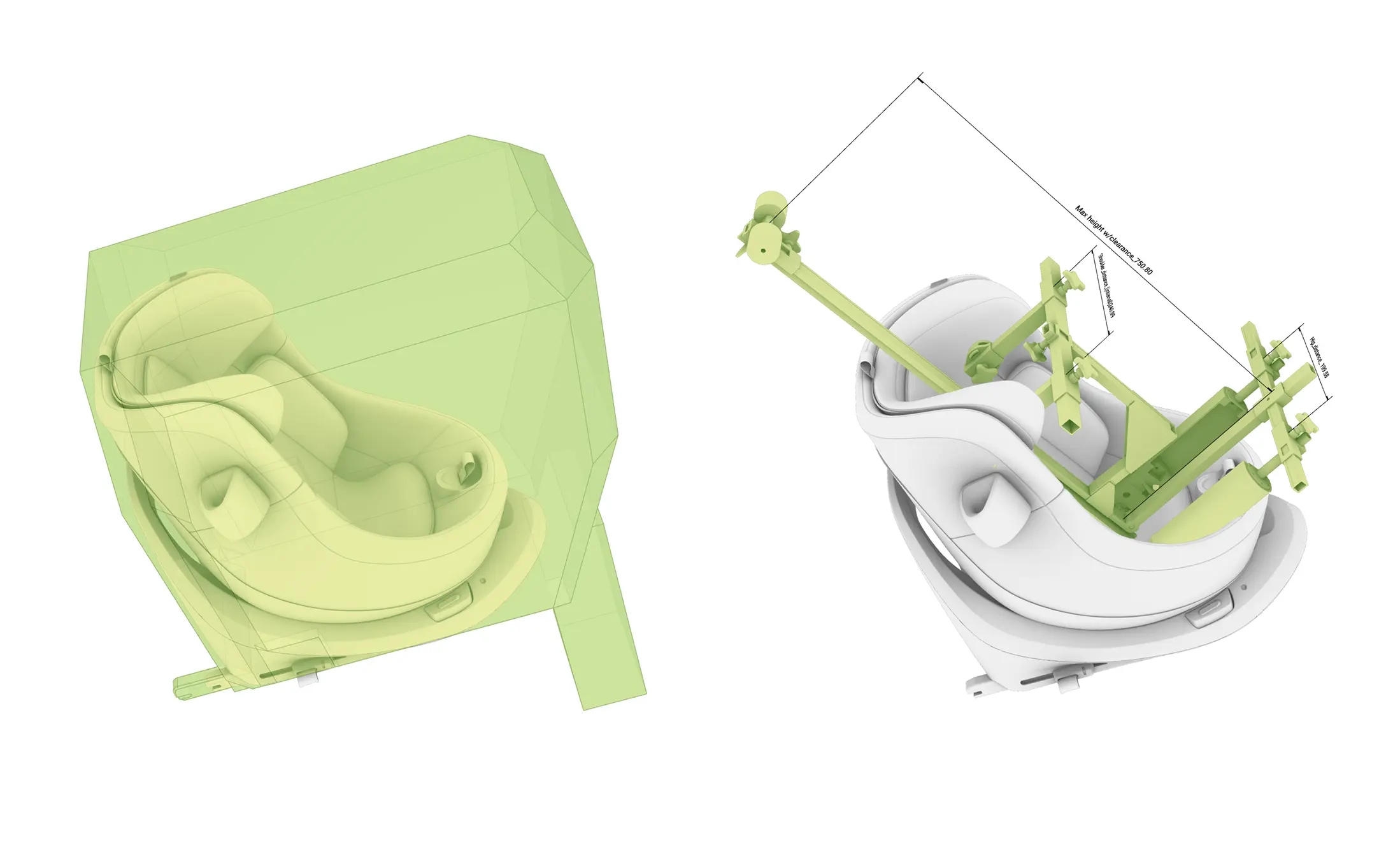 Two 3D renderings of a white child car seat shown from a top angle, one enclosed in a translucent green wireframe box, the other overlaid with green measurement markers indicating height and width dimensions.