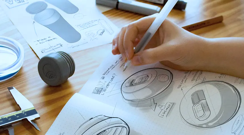 Hand sketching product design concepts for a cylindrical container lid on a dotted notebook page surrounded by design tools on a wooden table.