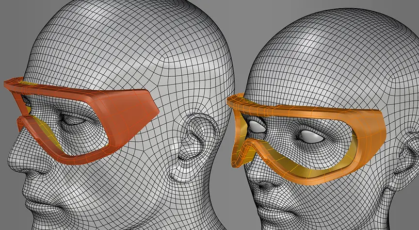 3D wireframe model of a human head shown from side and front angles wearing orange protective goggles with a yellow lens area.