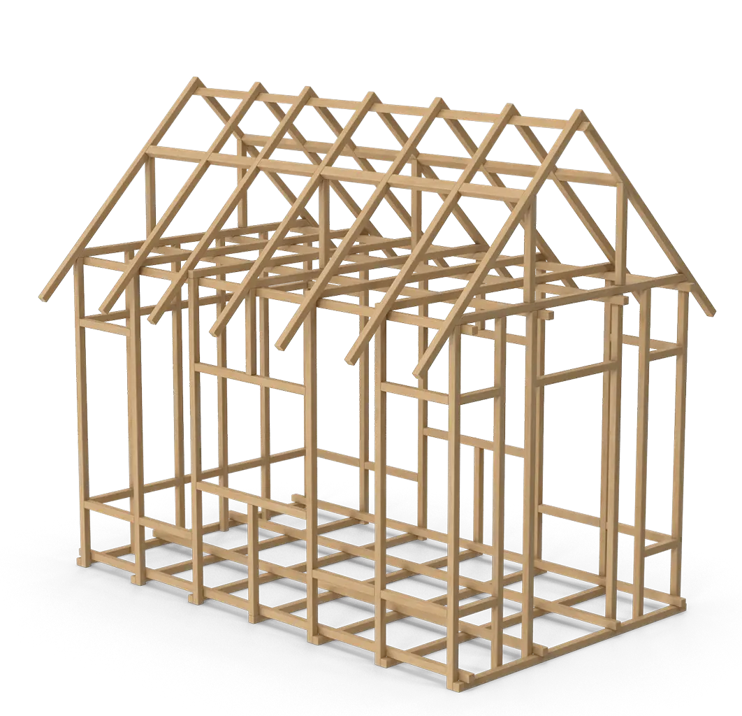 3D illustration of a wooden house frame showing the structural skeleton with beams, supports, and roof trusses.