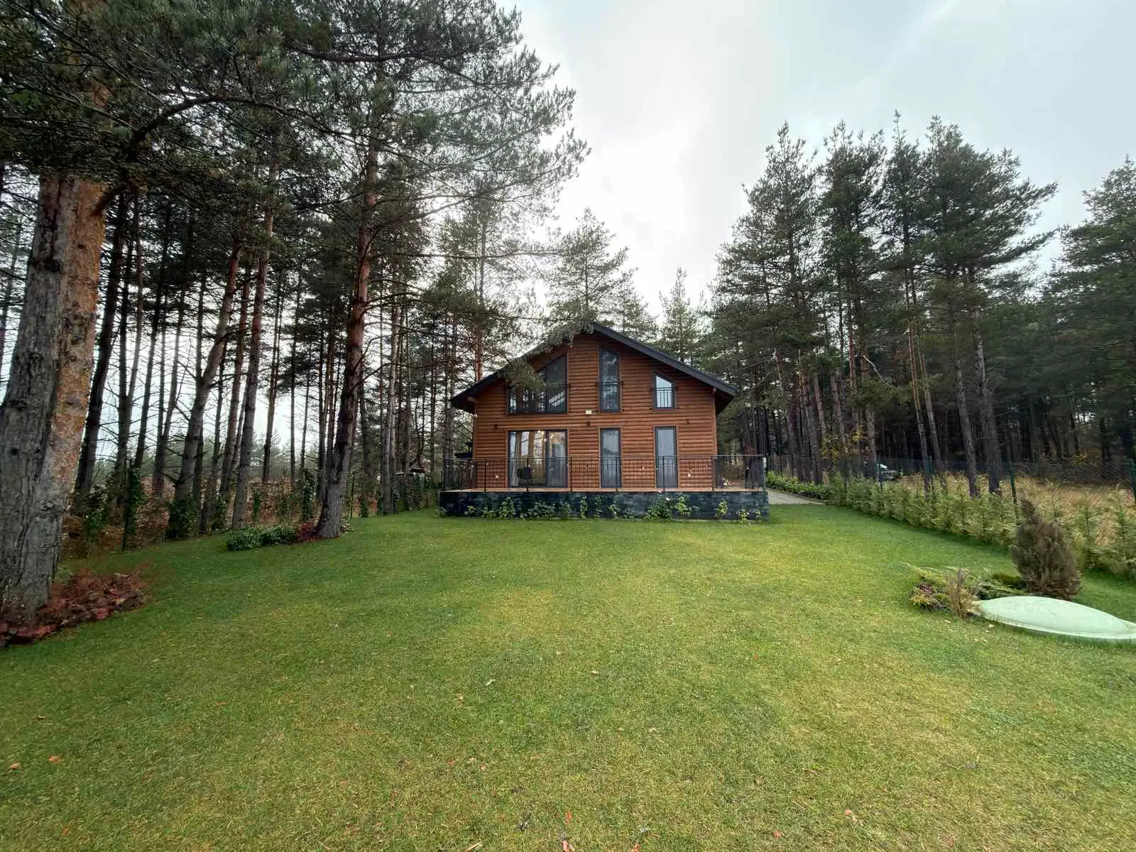 A modern wooden house with large vertical windows, surrounded by tall pine trees and a well-maintained grass lawn.