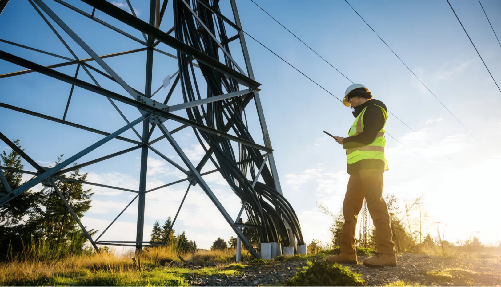 Security guards monitoring and securing critical utility infrastructure and high-voltage towers