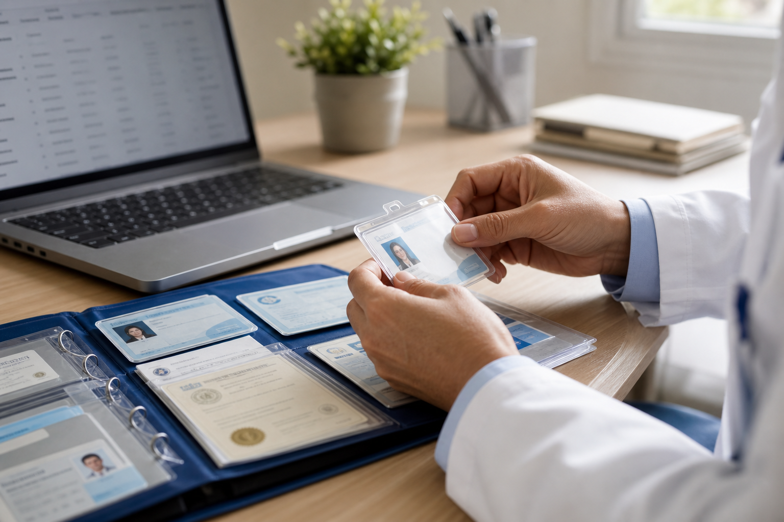 Credentials and laptop on a clinical desk