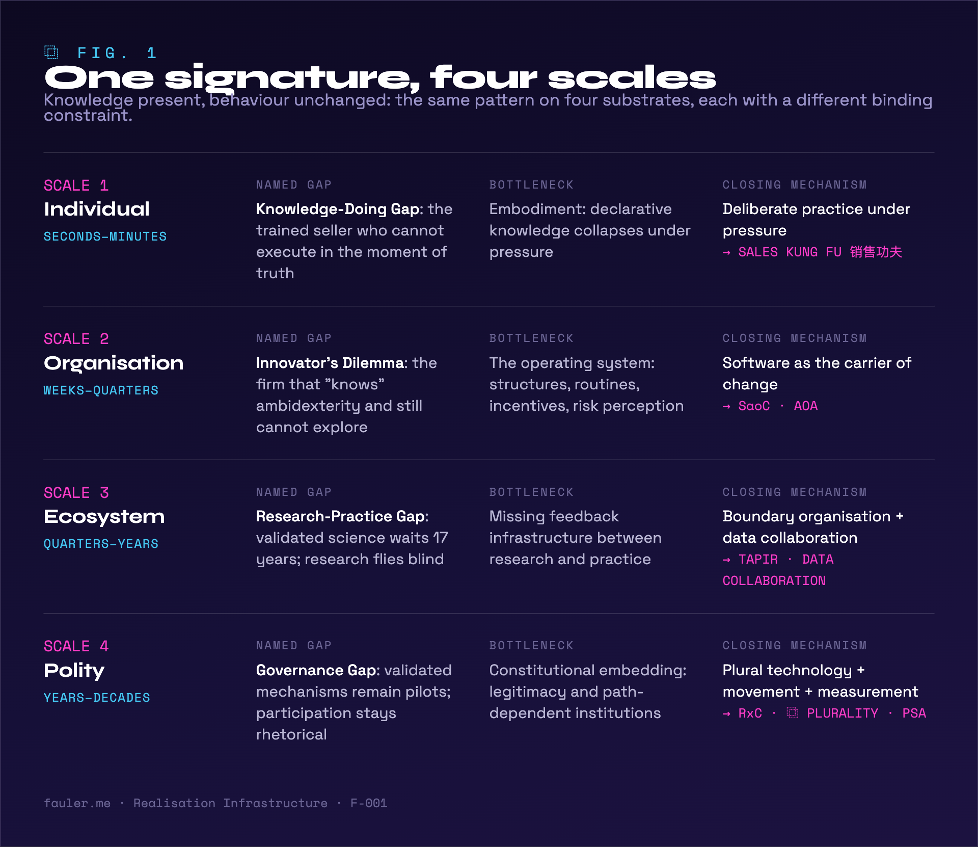 Fig. 1: One signature, four scales. The gap, bottleneck and closing mechanism at individual, organisational, ecosystem and polity scale