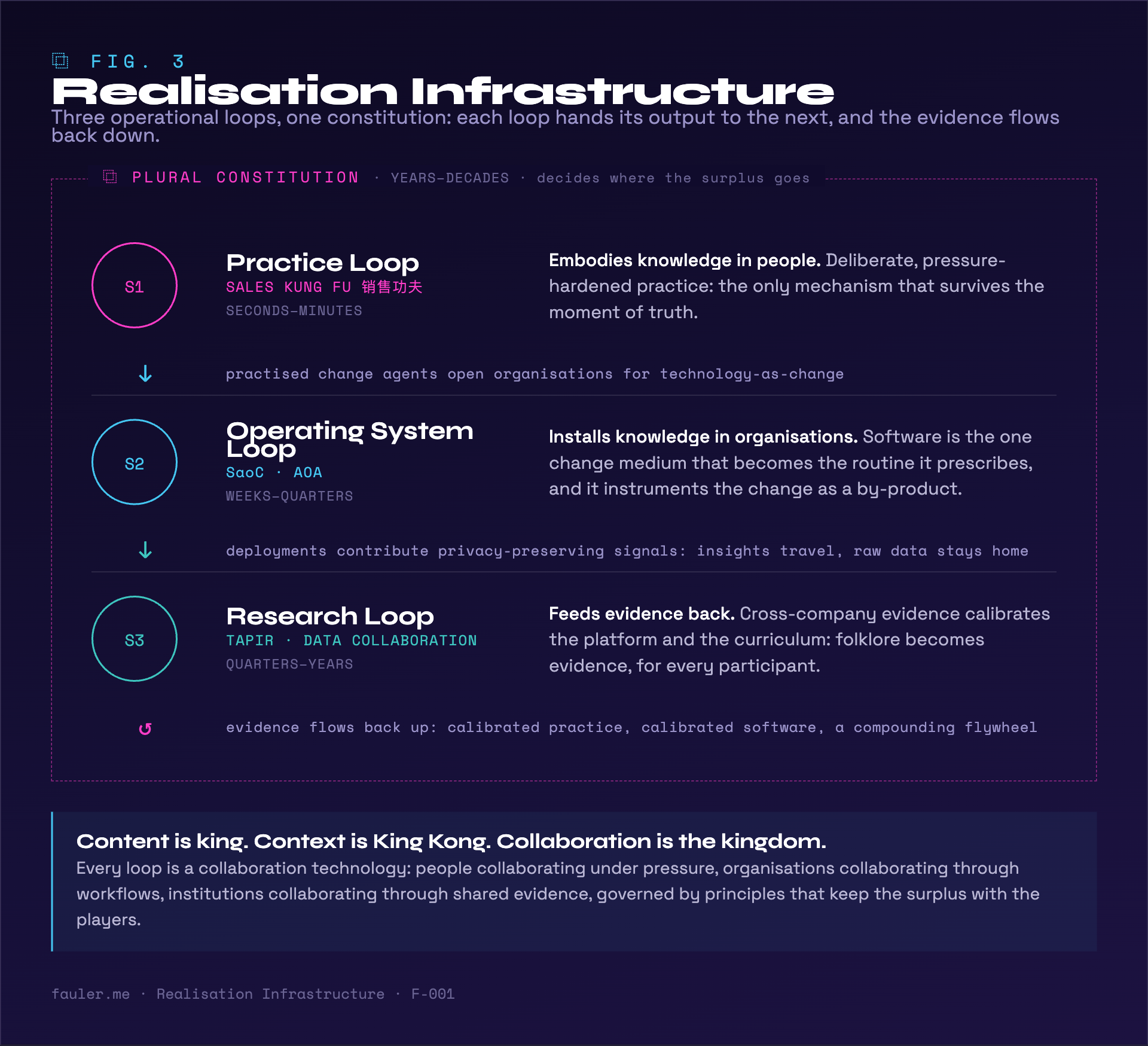 Fig. 3: Realisation Infrastructure. Practice, operating system and research loops inside the plural constitution, with collaboration as the kingdom