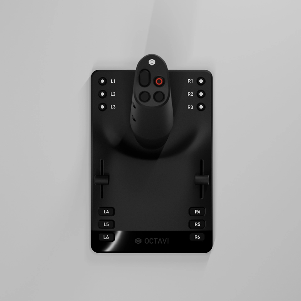 Top view of the Octavi 1G flight simulation joystick with programmable buttons and dual throttle controls