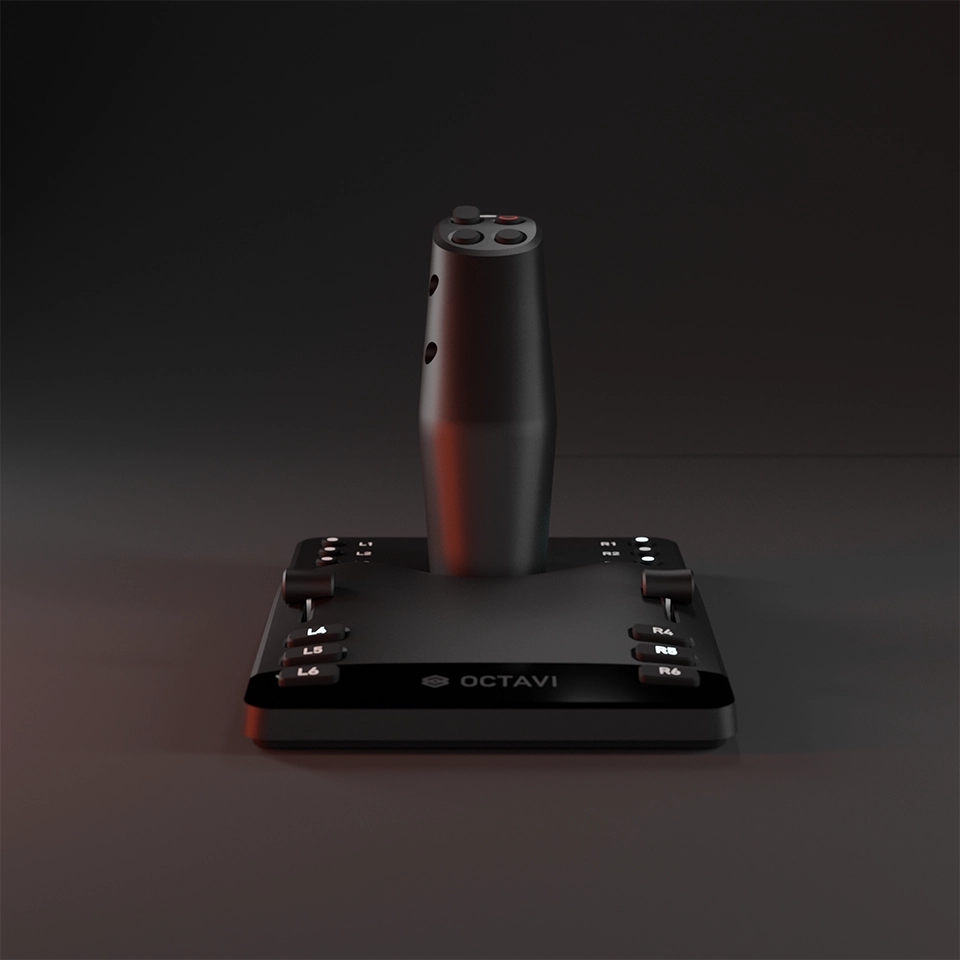 Black Octavi joystick controller with buttons labeled L4, L5, L6 on the left and R4, R5, R6 on the right, set against a dark background.