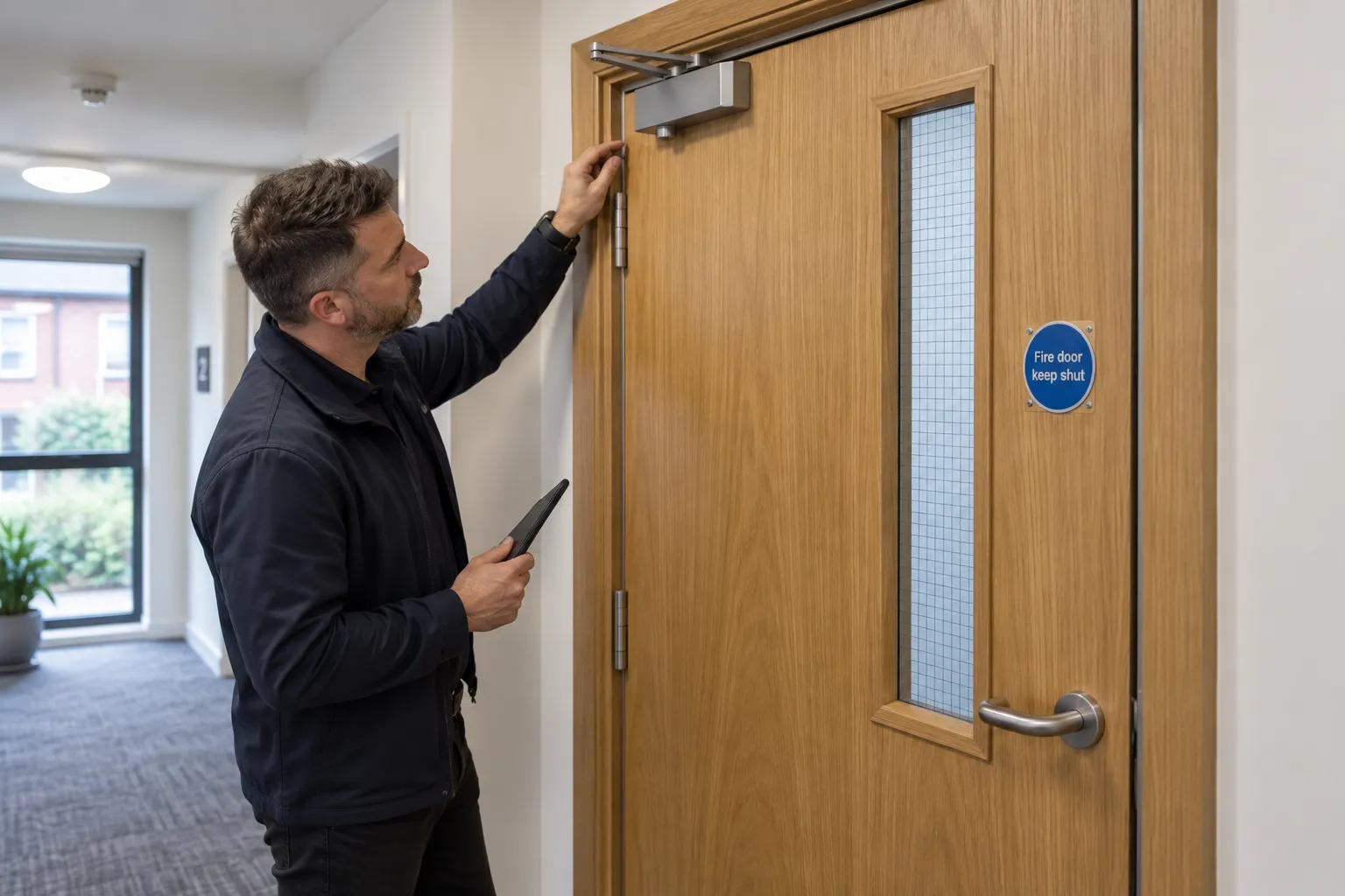 Fire door inspector checking a communal fire door in a UK residential block