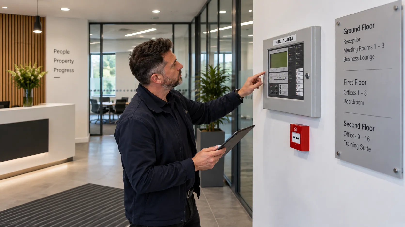 Fire risk assessor inspecting a UK commercial premises