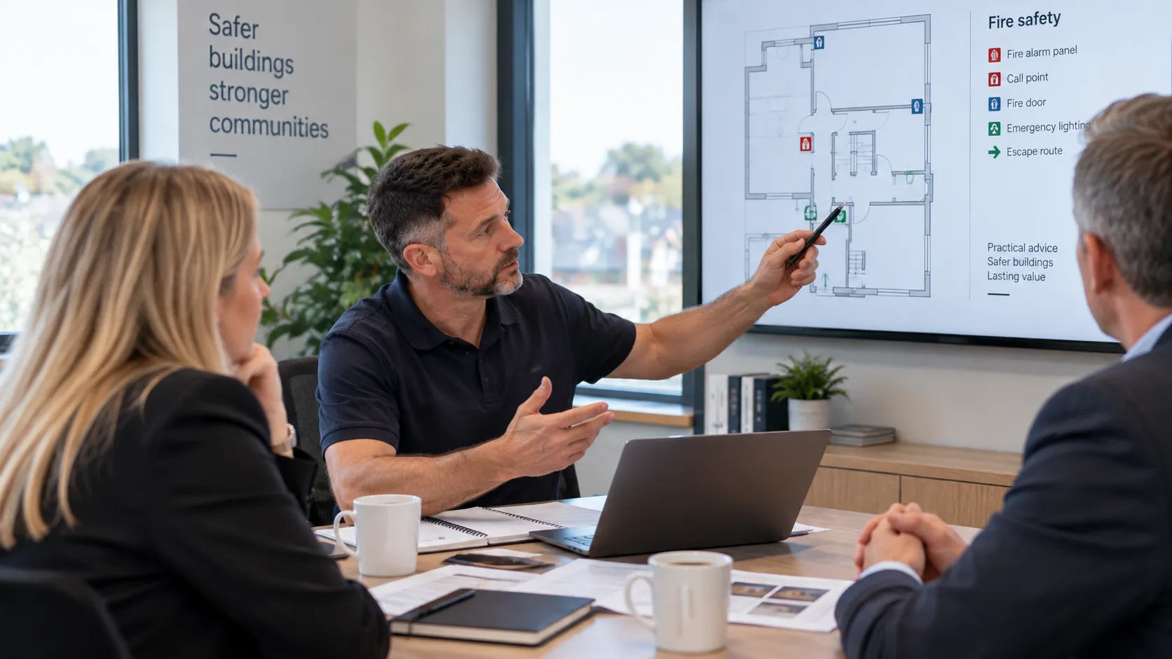 Fire safety specialist discussing building plans with a property client