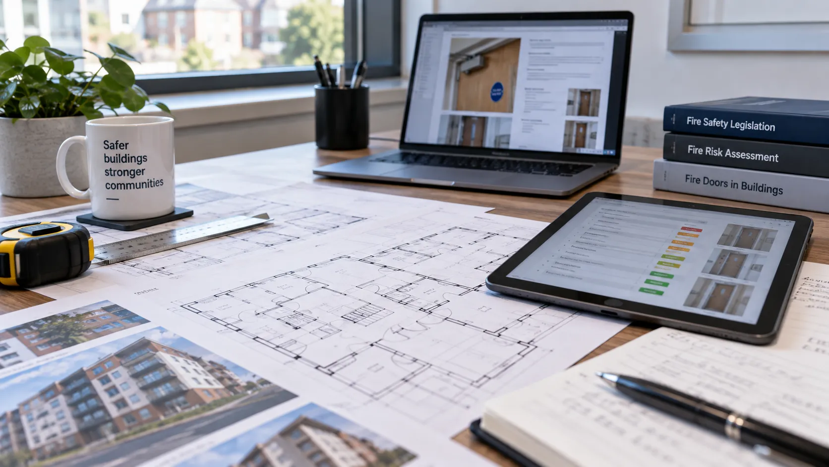 Fire safety reports, building plans and inspection notes on a desk