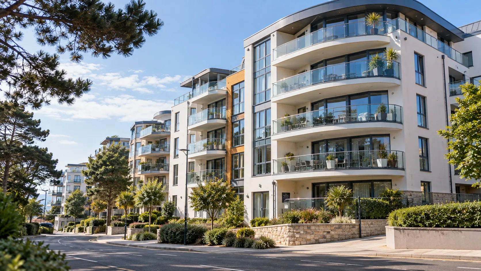 Managed coastal apartment development representative of Bournemouth