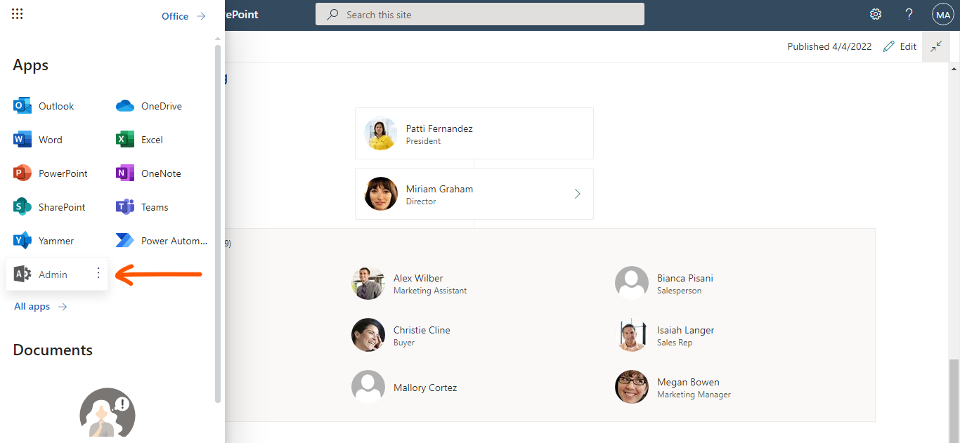 SharePoint admin center - org chart