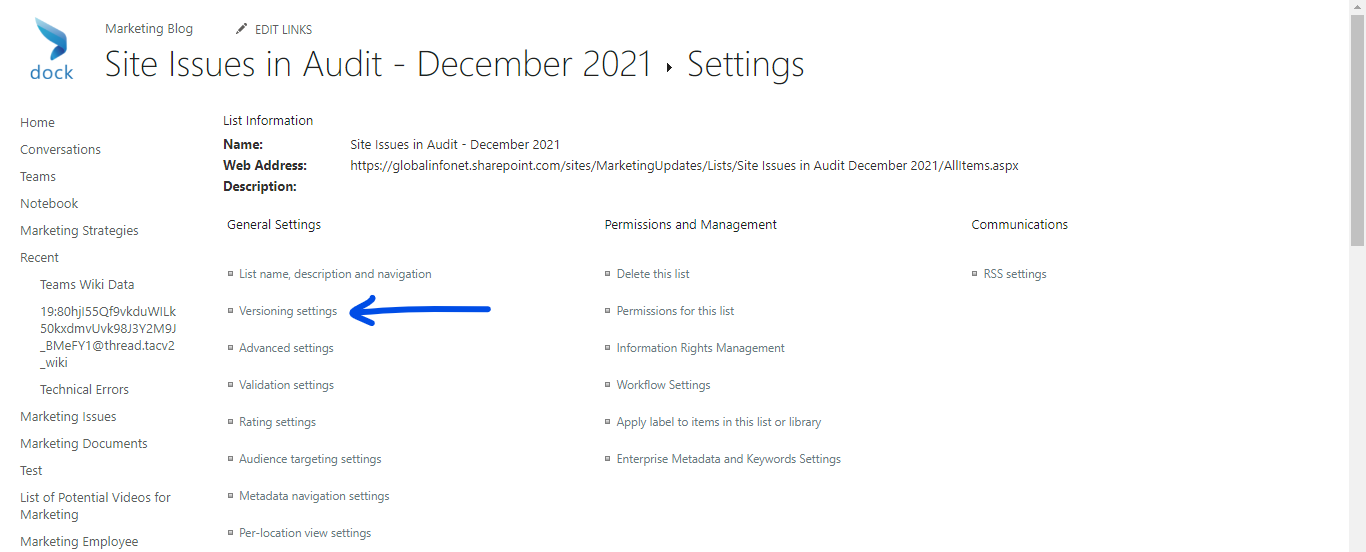 version settings - list