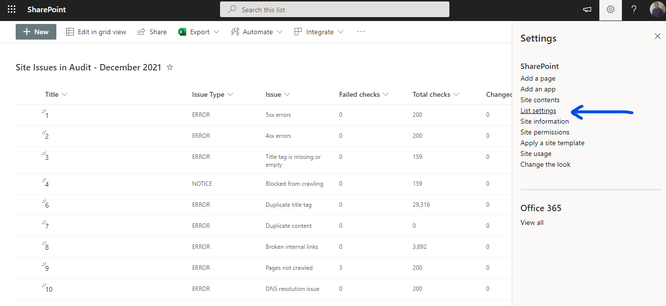 list settings -
