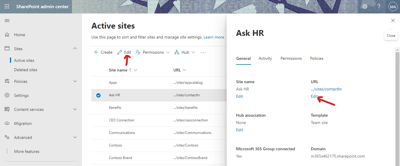 Edit URL option in the site's Edit pane