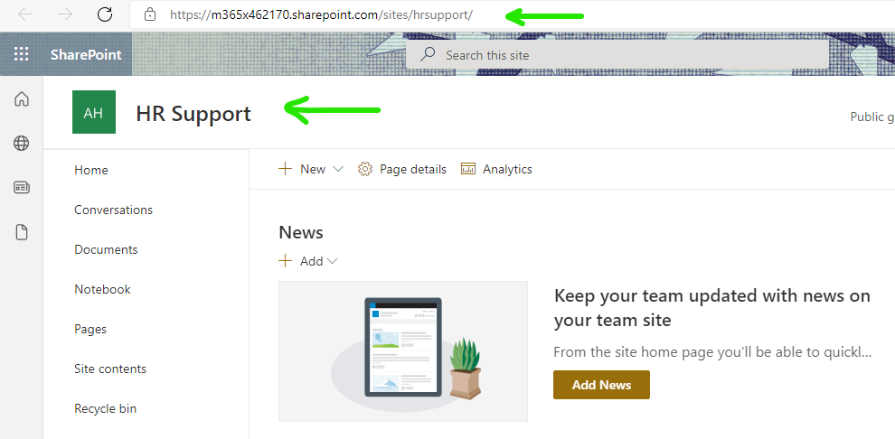 SharePoint site showing the updated URL after the change