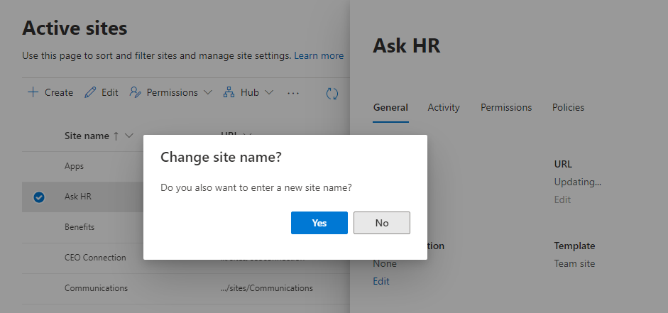 Confirmation dialog for the SharePoint site URL change