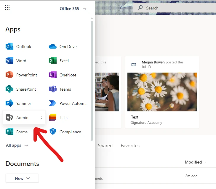 Admin option in the Microsoft 365 app launcher
