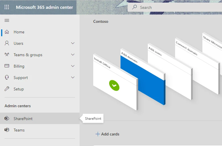 SharePoint listed under Admin centers in Microsoft 365