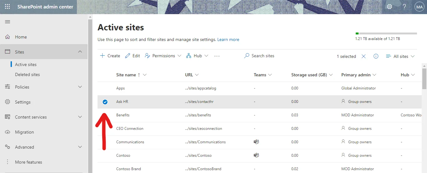 Selecting a site from the Active sites list