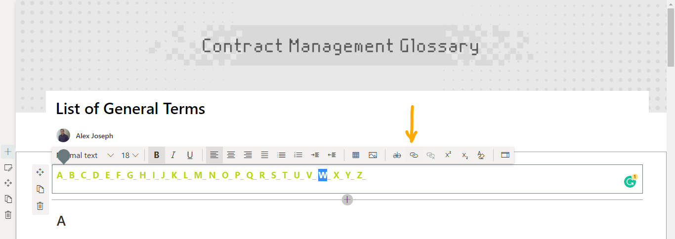 Select the aphabet and hyperlink